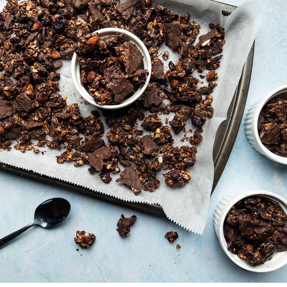 Chocolate granola clusters on a baking sheet.