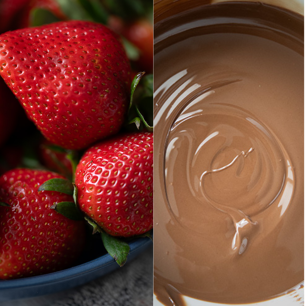 Macro shots of fresh strawberries and tempered milk chocolate.
