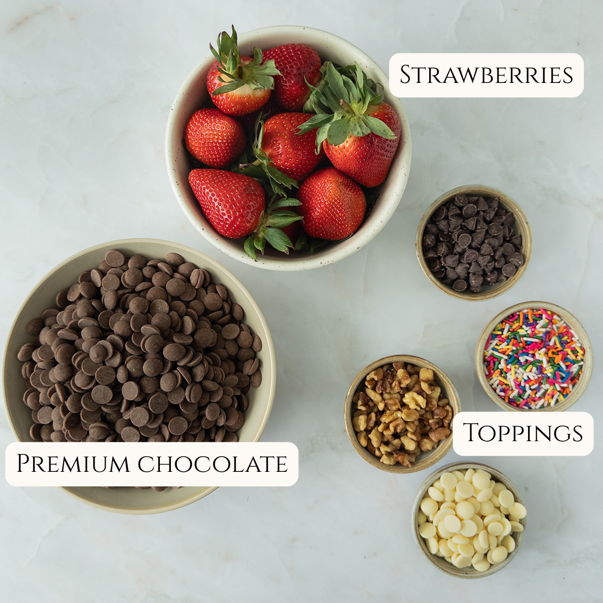 Labeled ingredients for chocolate-covered strawberries.