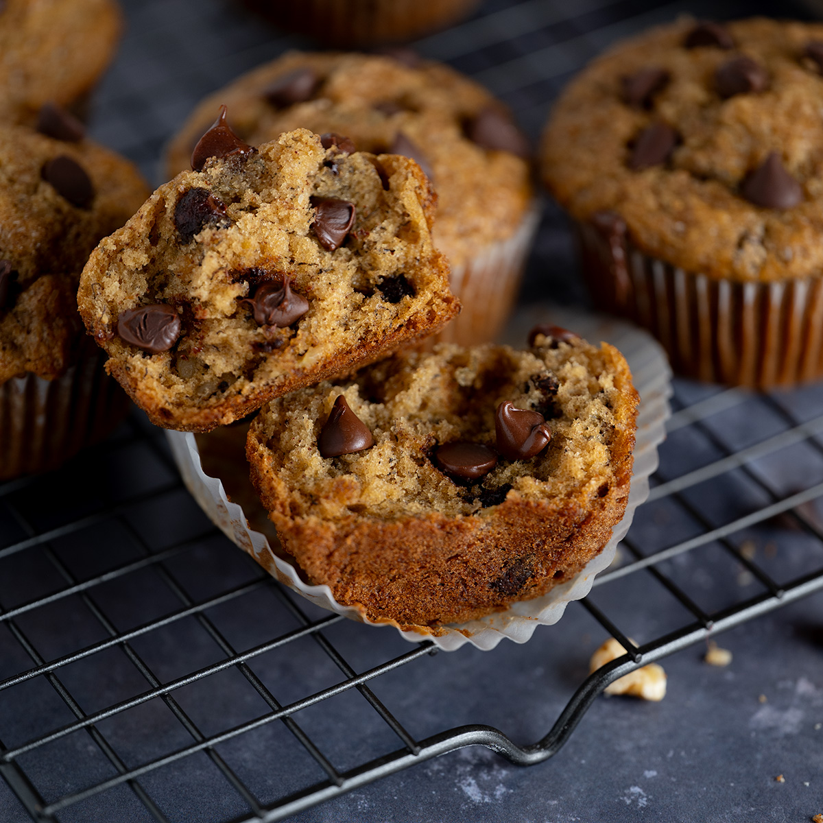 Fluffy cross-section of a banana chocolate chip muffin.