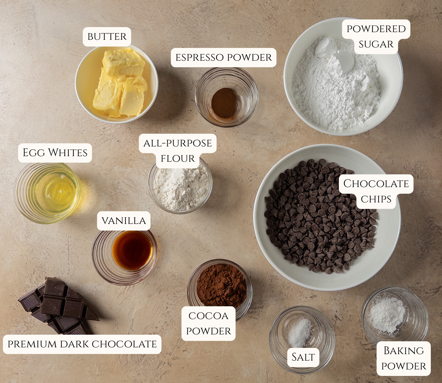 Labeled ingredients for brownie brittle.