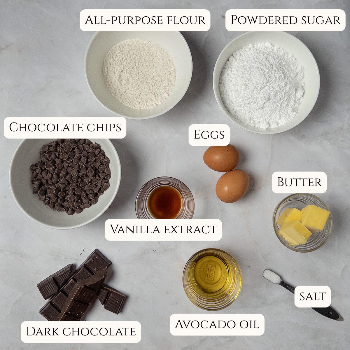 Labeled fudgy brownie ingredients.