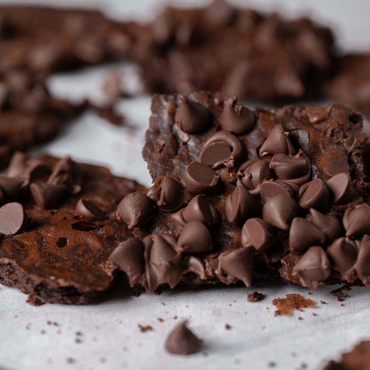 Close up of chocolate chips on brownie brittle.