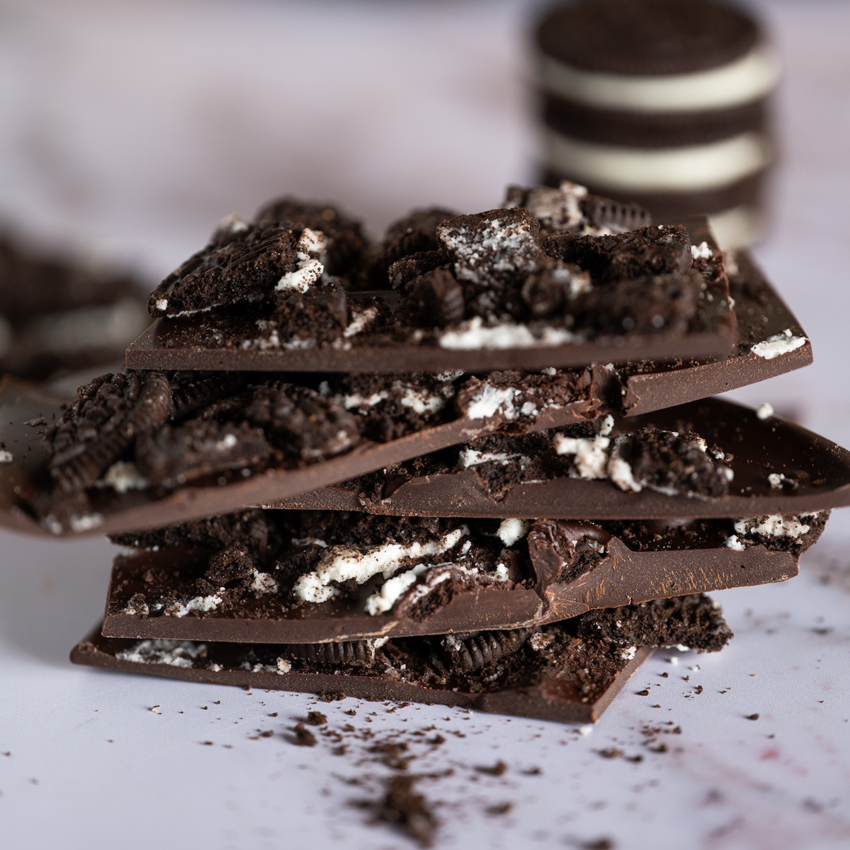A tower of Oreo chocolate bark.