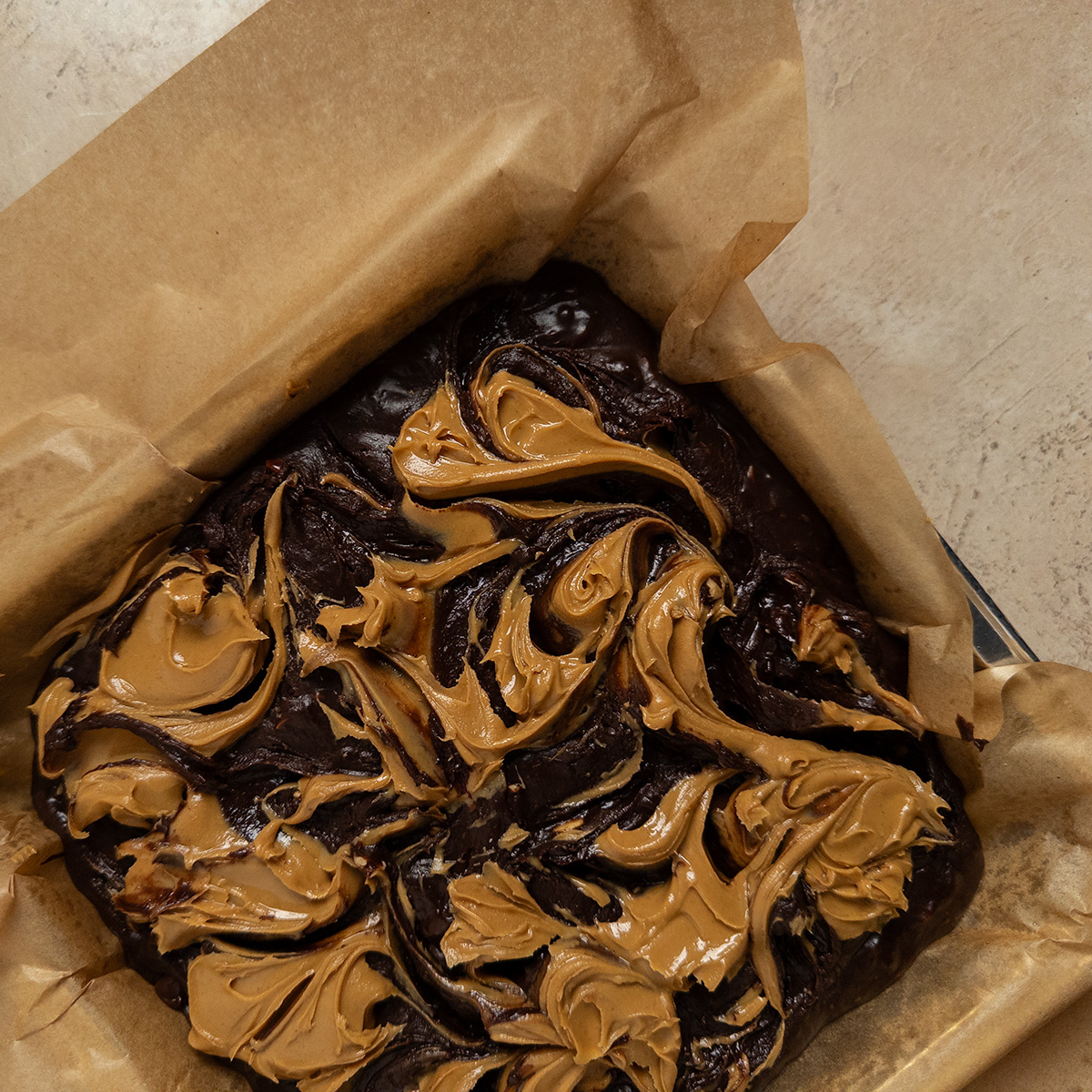Peanut butter swirled into brownie batter.