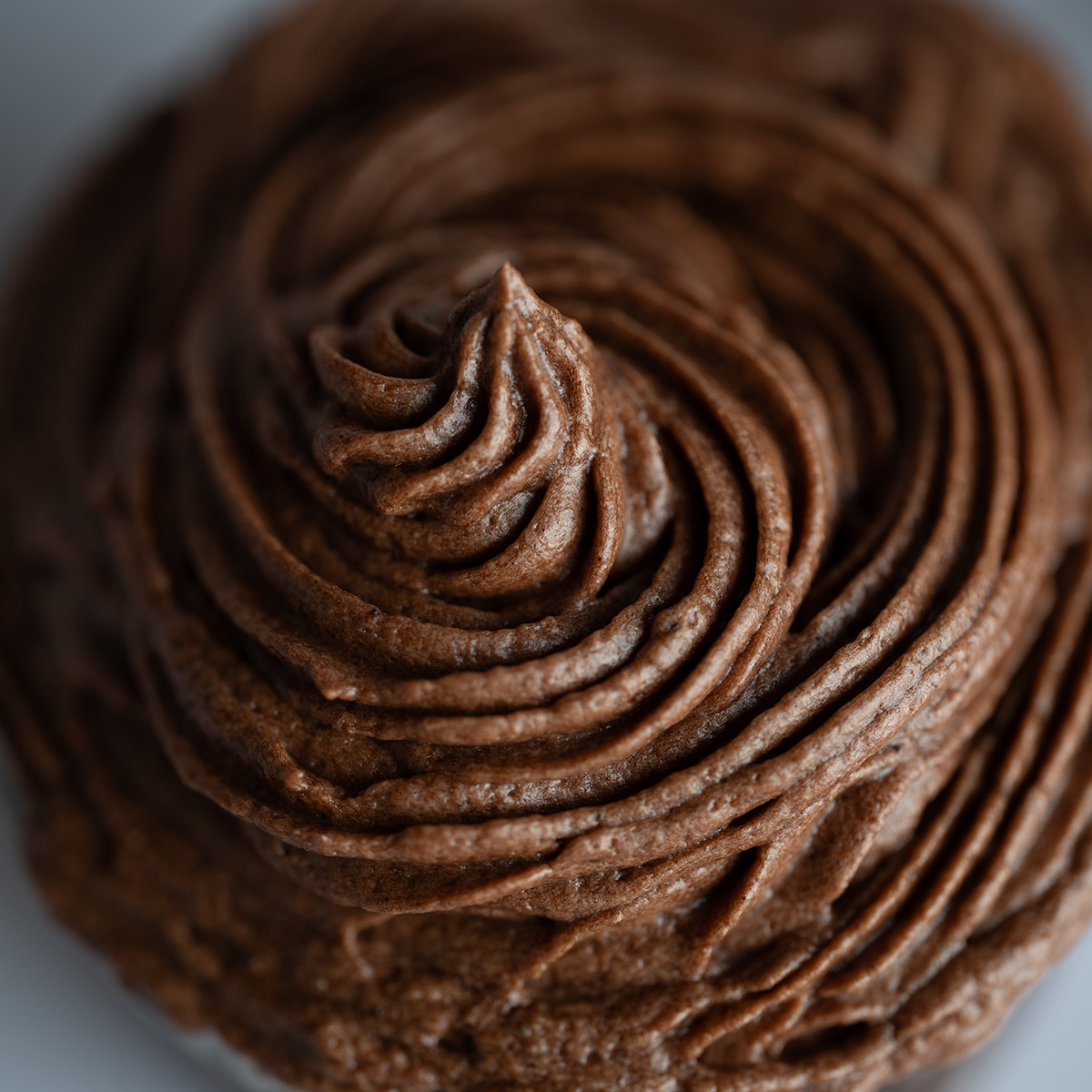 A rose swirl of chocolate buttercream frosting.