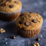 Close up of the turbinado sugar on a banana chocolate chip muffin.