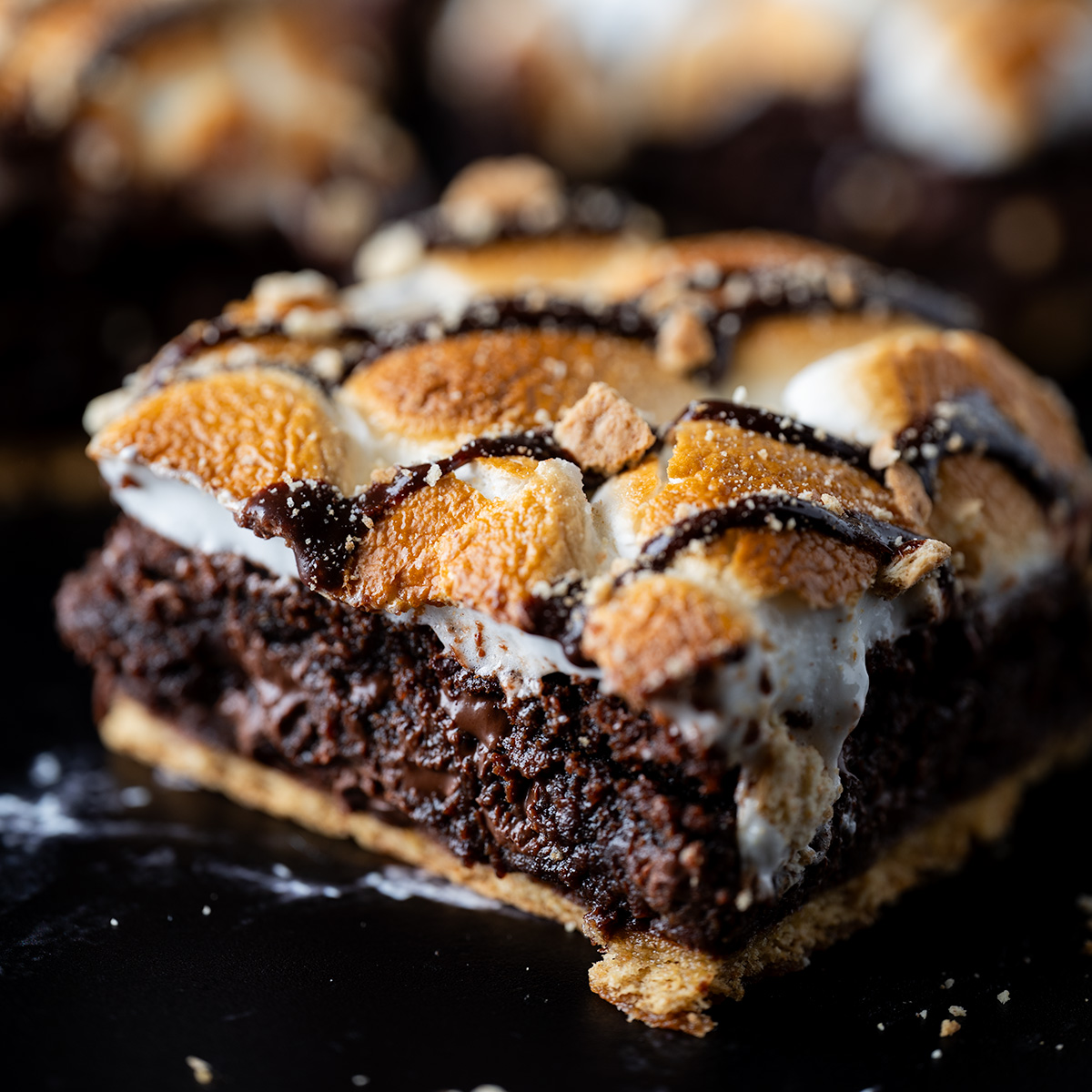 Macro shot of a gooey s'mores brownie.
