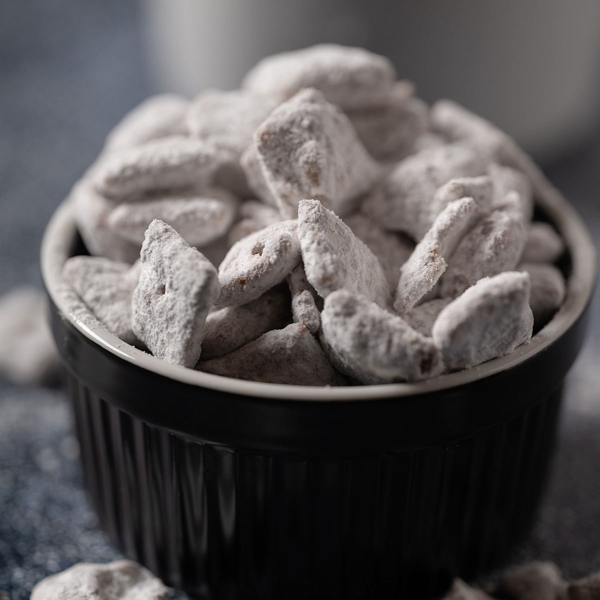 Muddy Buddies in a ramekin.