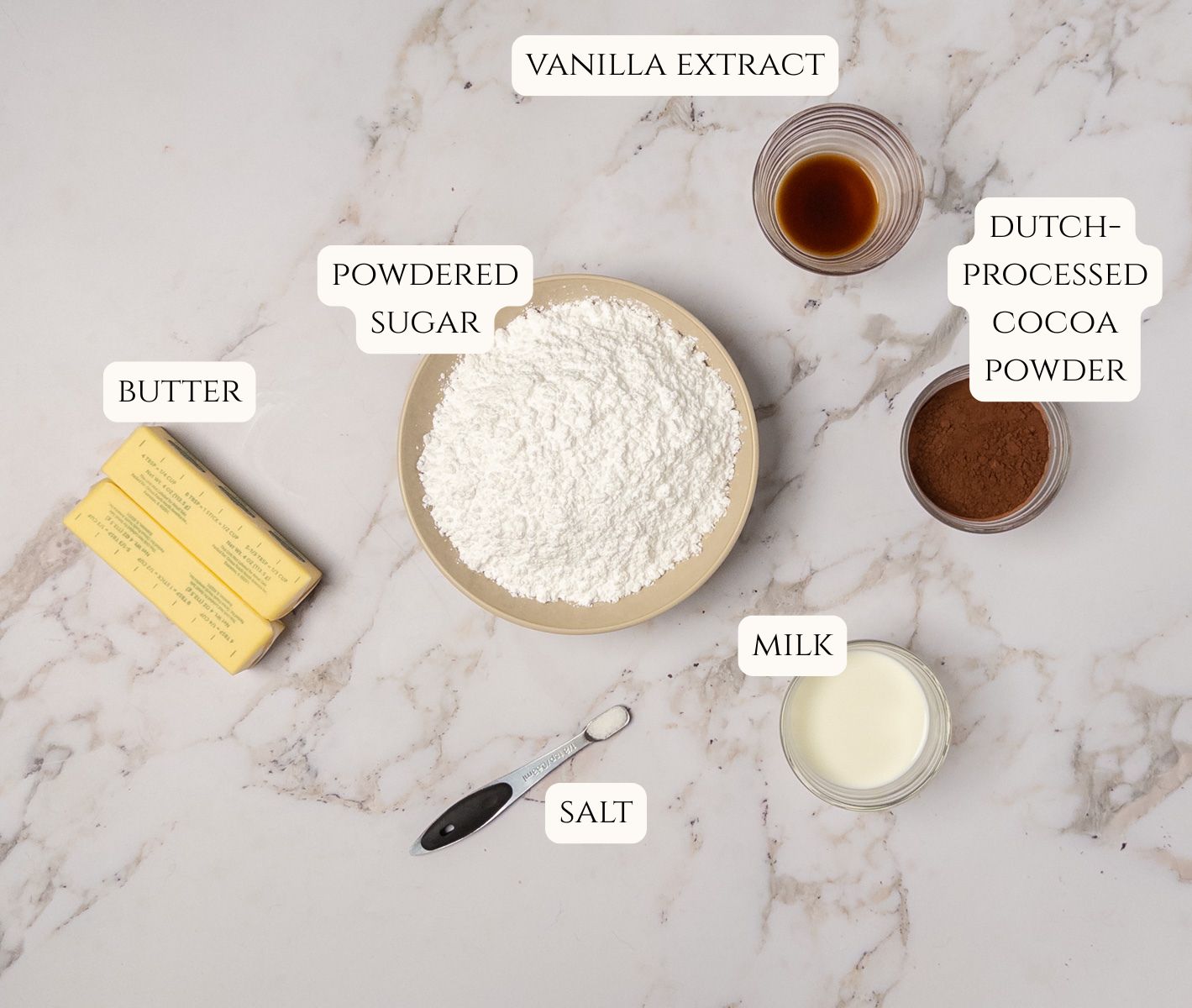 Ingredients for chocolate buttercream frosting.