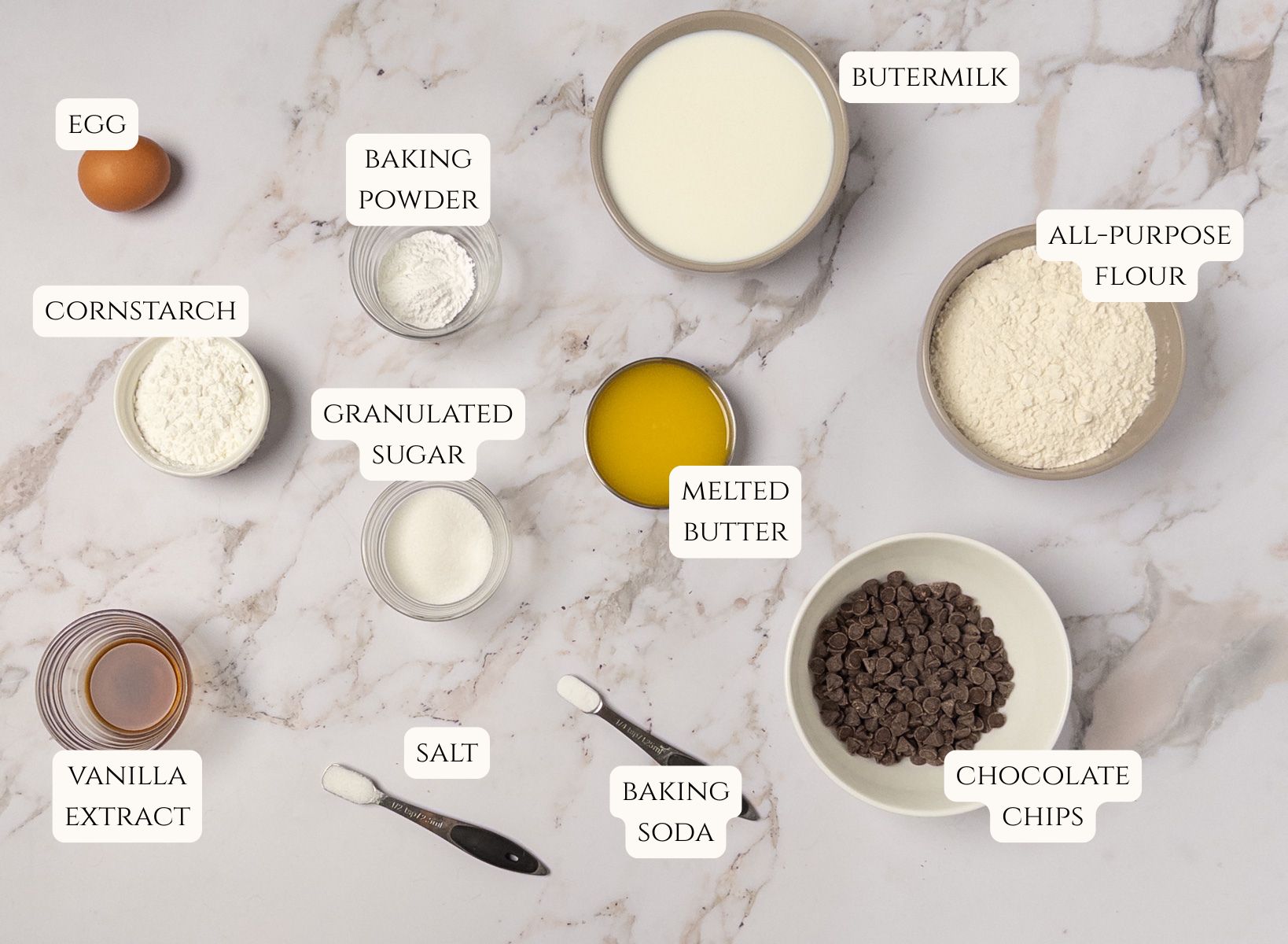Ingredients for fluffy buttermilk chocolate chip pancakes.