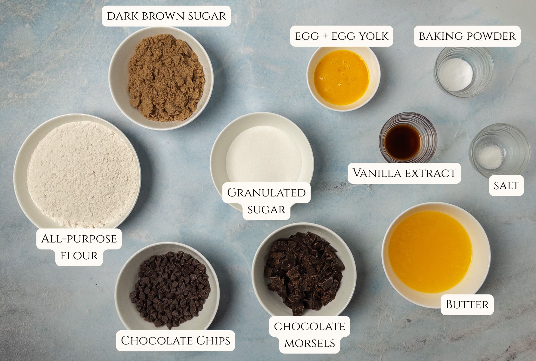 Ingredients to make chocolate chip cookies.