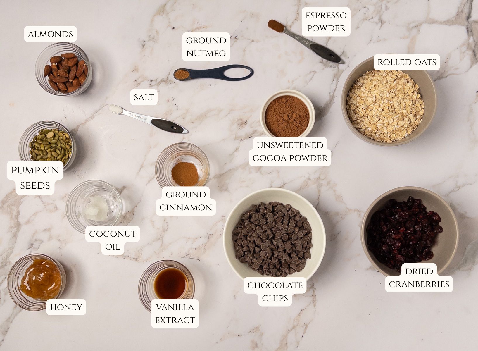 Ingredients for chocolate granola cereal.