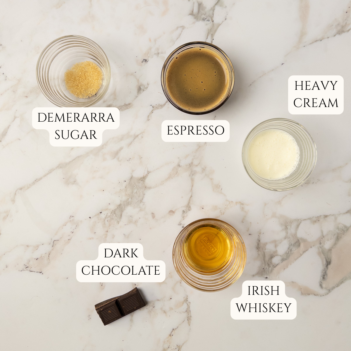 Ingredients for chocolate Irish coffee.