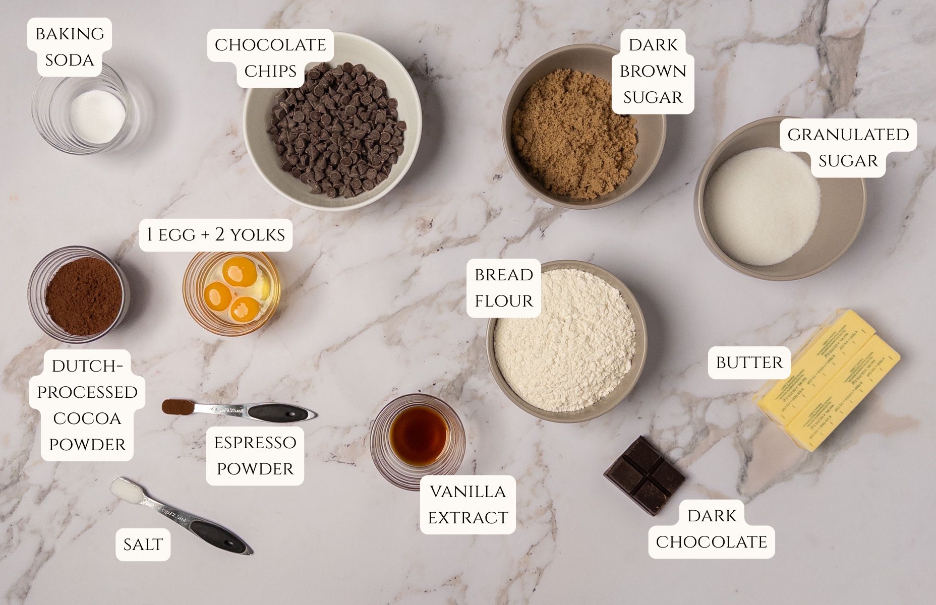 Ingredients for double chocolate chip cookies.