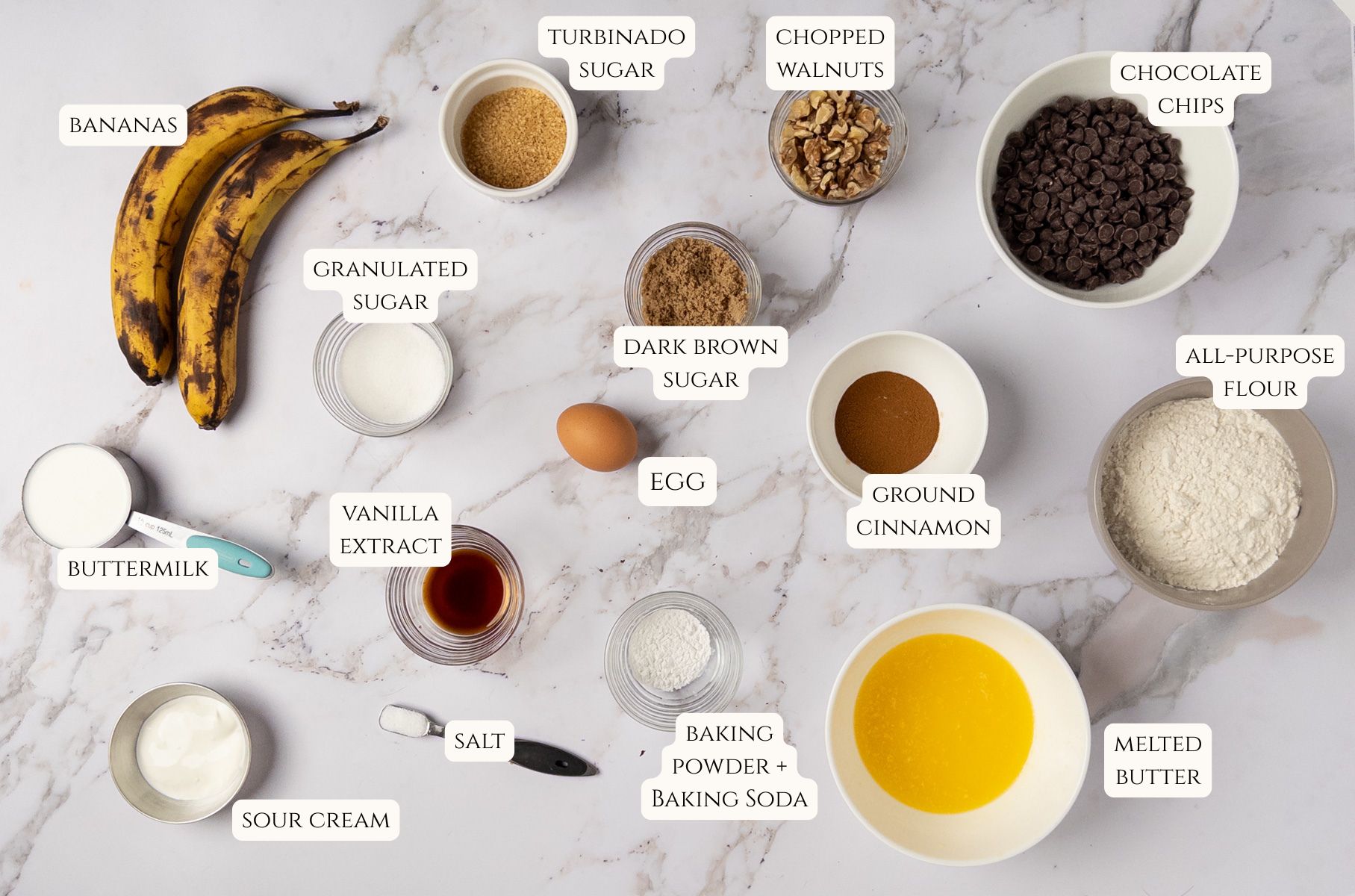 Ingredients for banana chocolate chip muffins.