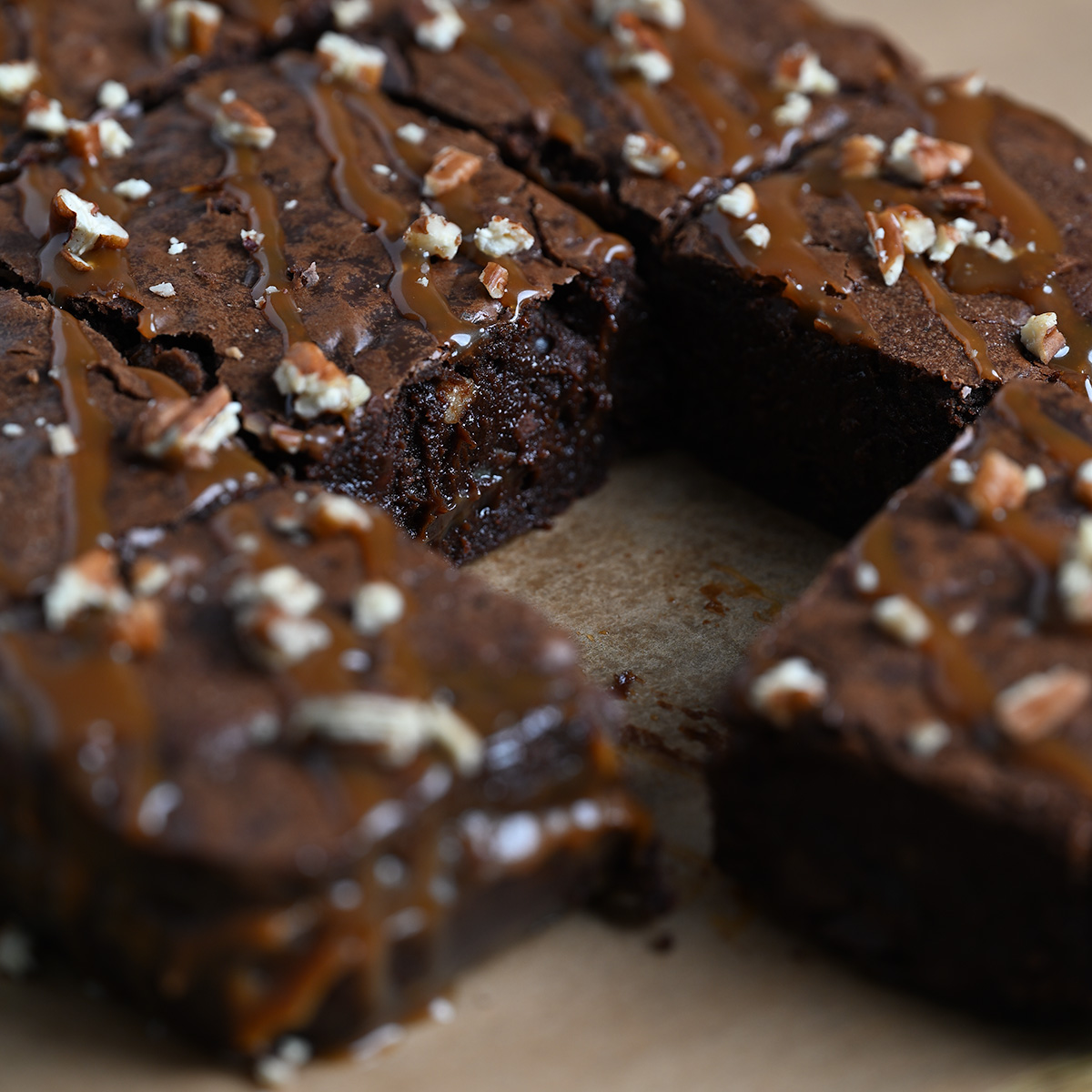 Fudgy, caramel centers of turtle brownies.
